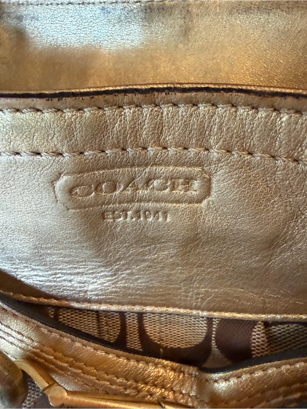 Coach Brown Signature Canvas Shoulder Bag with Metallic Trim